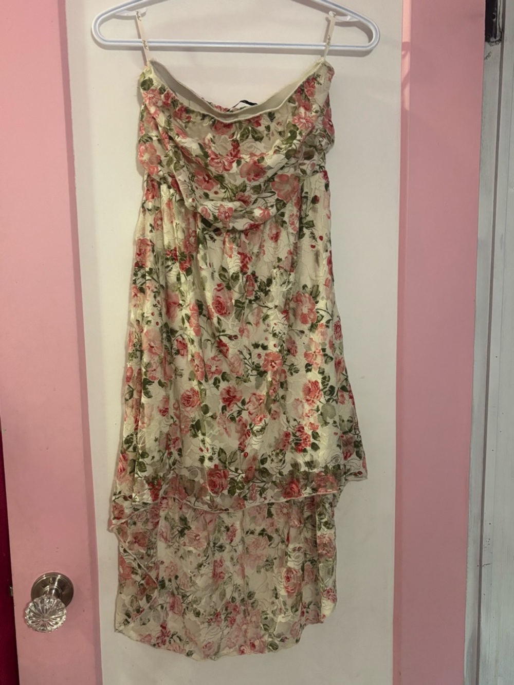 Papaya Cream Floral High-Low Mini Dress with Pink Roses